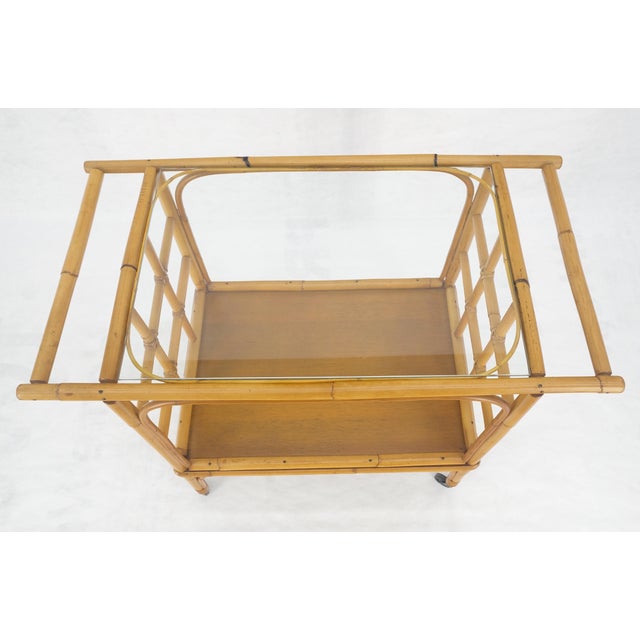 Tan Fine Bamboo c1970s 2 Tier glass Top Serving Bar Cart on Wheels Mid Century MINT! For Sale - Image 8 of 18