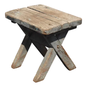 Antique Farmhouse Primitive X Shaped Blue Rustic Bench Stool ~ French Country