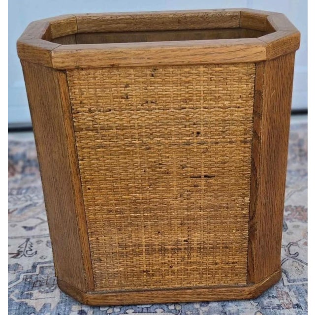 Vintage Oak and Woven Sisal Octagonal Wastebasket/Trashcan For Sale - Image 4 of 4