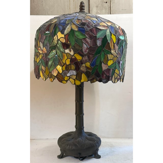 Vintage Tiffany Style Lamp With Foliage Design For Sale - Image 4 of 15
