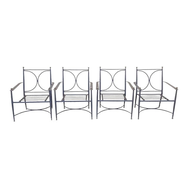 Late 20th Century Neoclassical Regency Aluminum & Steel Metal Outdoor Patio Arm Chair - Set of 4 For Sale