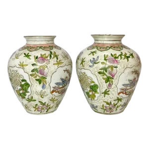Vintage Pair Chinese Vases Birds, Flowers, Pomegranates Style of “Great Qing Tungzhi” Period Made in Macau 1970’s