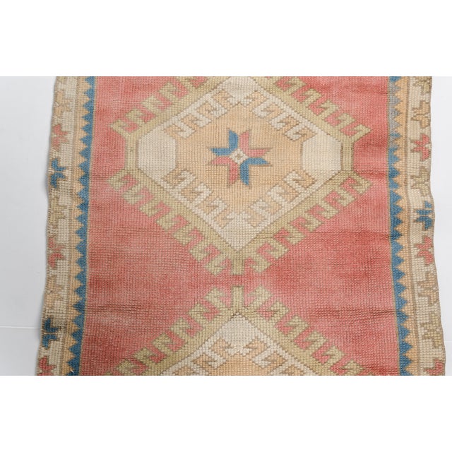 Textile Mid 20th Century Faded Rose & Blue Geometric Motifs Rug For Sale - Image 7 of 11