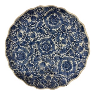 Antique Blue and White Japanese Floral Plate With Scalloped Edge For Sale