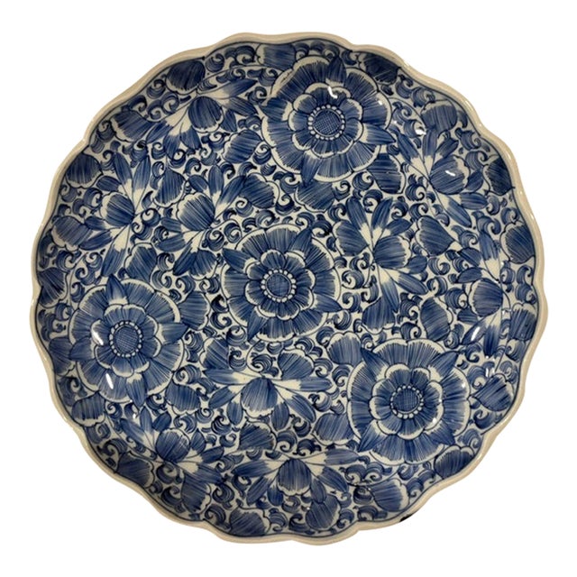 Antique Blue and White Japanese Floral Plate With Scalloped Edge For Sale