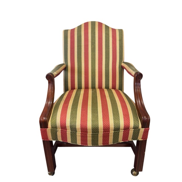 Traditional Hekman Mahogany Regency Style Library Armchair With Brass Casters & Striped Upholstery For Sale - Image 3 of 12