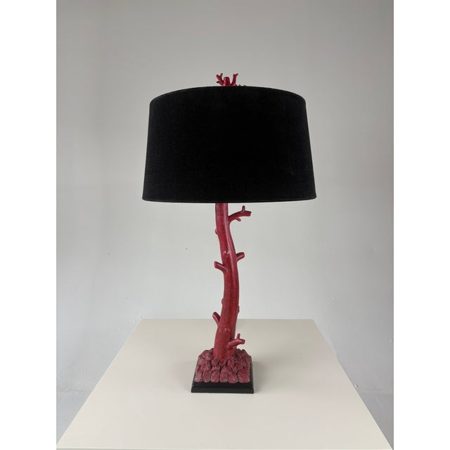 Arteriors Home 1990s Tanner Kenzie for Arteriors Coral Red Resin Table Lamps With Original Black Velvet Shades - a Pair For Sale - Image 4 of 6