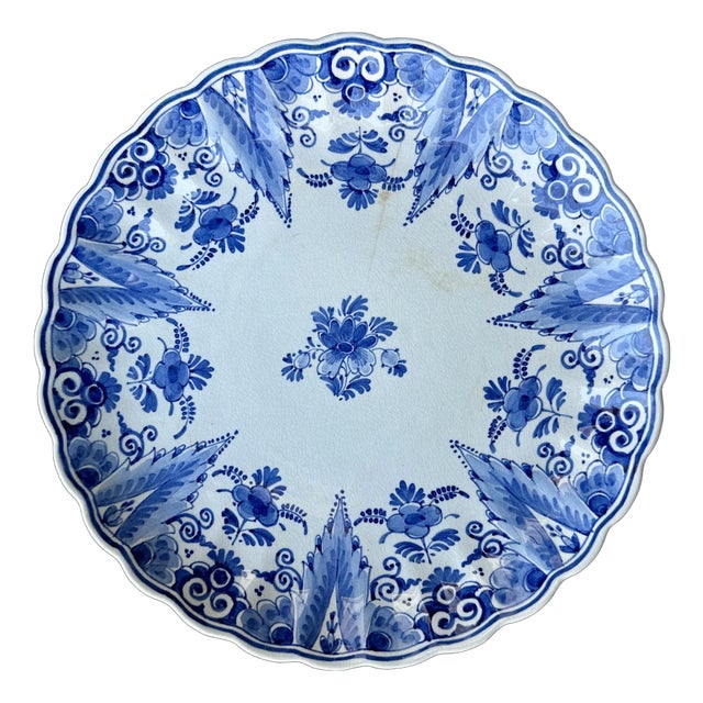 Vintage Royal Delft Dutch Blue Lobed Ceramic Wall Plate, Signed For Sale