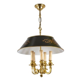 Bouillotte-Style Brass 6-Light Pendant with Black Tôle Shade, 1980s For Sale