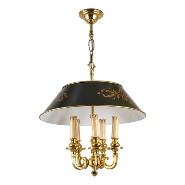 Bouillotte-Style Brass 6-Light Pendant with Black Tôle Shade, 1980s For Sale