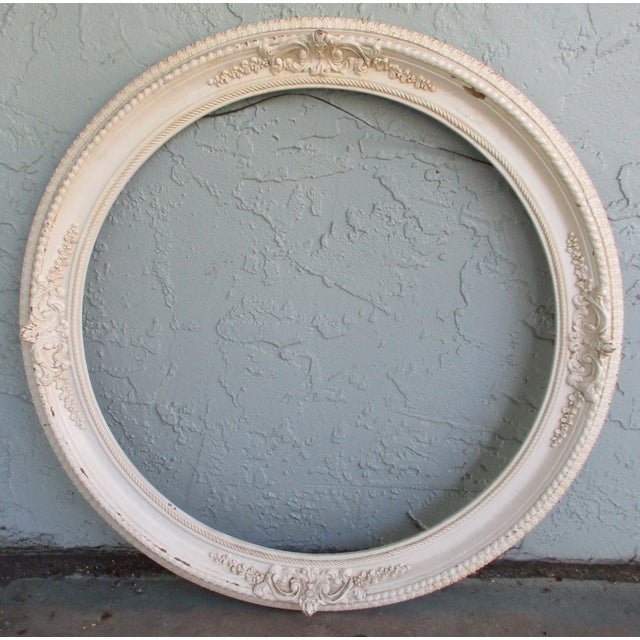 Antique Victorian Carved Wood White Painted Round Frame With Floral