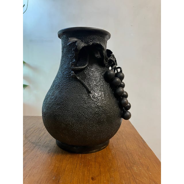 Metal Antique Japanese Bronze Textured Black Metal Floral Vase Meiji Era For Sale - Image 7 of 12