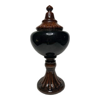 Neoclassical Crackle Glazed Ceramic Lidded Urn, Large, Brown and Black For Sale