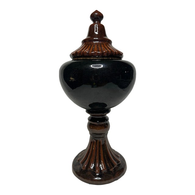 Neoclassical Crackle Glazed Ceramic Lidded Urn, Large, Brown and Black For Sale