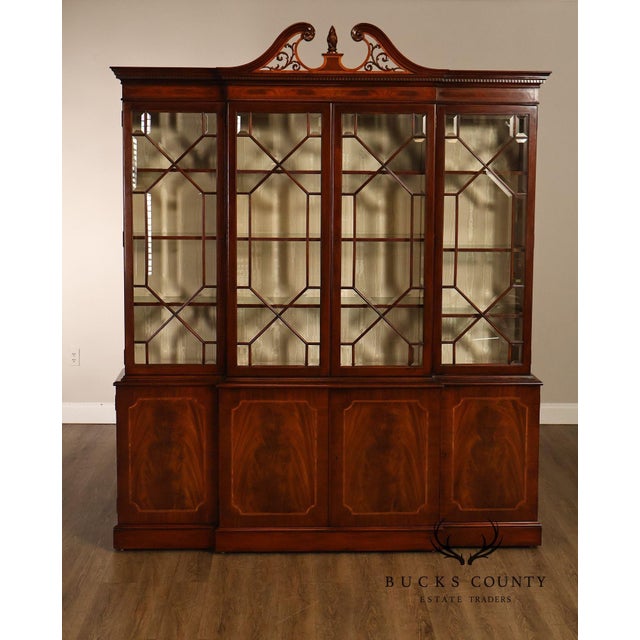Karges English Style Mahogany Breakfront China Cabinet Display Bookcase with Carved Pediment and Silk Backing For Sale - Image 17 of 18