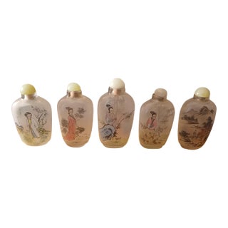 1970s Set of 5 Beautiful Hand Painted Bottles For Sale