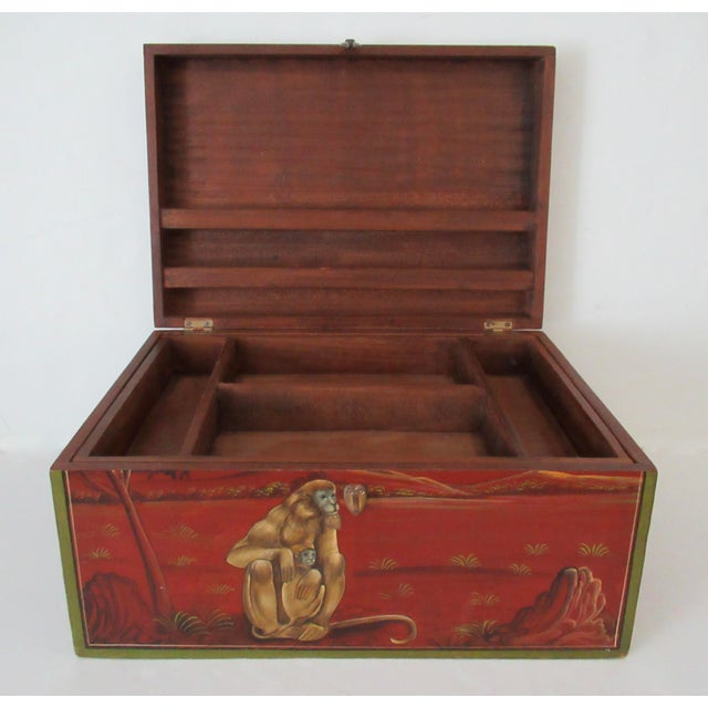 Ruby Red Anglo-Indian, Asian Hand-Crafted & Painted Large Lidded Storage/Chest With Brass Hardware For Sale - Image 8 of 18