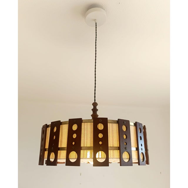 Scandinavian Teak and Fabric Pendant Light, 1960 For Sale - Image 9 of 11