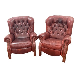 Vintage Pair of Oxblood Tufted Leather Library Recliner Armchairs For Sale