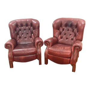 Vintage Pair of Oxblood Tufted Leather Writers Recliner Armchairs