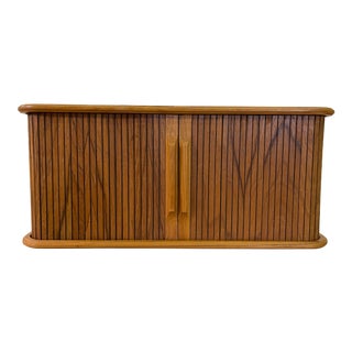 Vintage Teak Tambour Door Wall Hanging Shelf For Sale