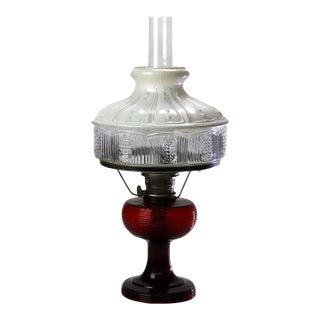 Antique Mantle Lamp Co. Rare Red Glass Kerosene Lamp With Opalescent Shade C1920 For Sale