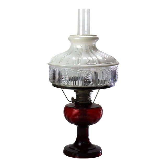 Antique Mantle Lamp Co. Rare Red Glass Kerosene Lamp With Opalescent Shade C1920 For Sale