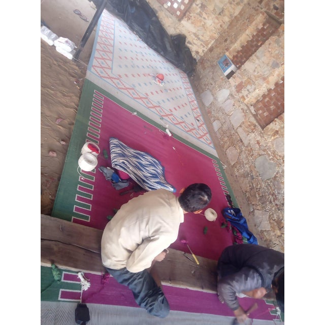 Handmade Cotton Vegetable Dyed Rug, Star Geometric White, Sky Blue and Terracotta Dhurrie - 9'x12' For Sale - Image 12 of 12