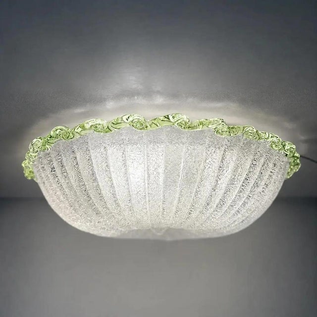 Bright "budino" murano glass flush mount in white and green graniglia traditional venetian working of murano glass. white...