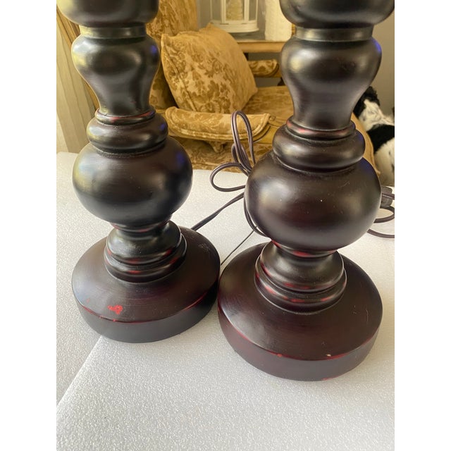 Pair of Vintage-Style Dark Wood-Look Table Lamps For Sale - Image 4 of 9