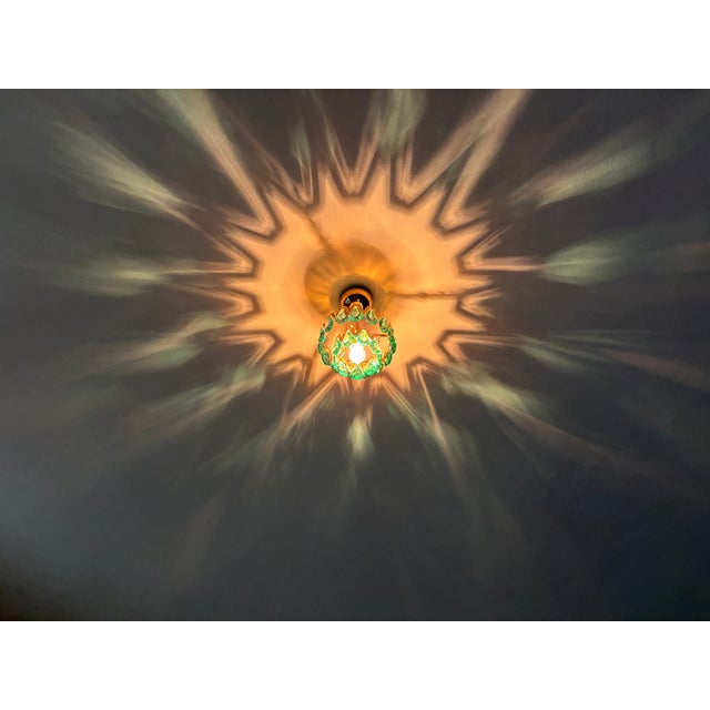 1960s Luxury Mini Brass Chandelier With Turquoise Crystal Drops, Starburst Shadow Ceiling Projection Light, Restored Antique Style Light Fixture For Sale - Image 15 of 18