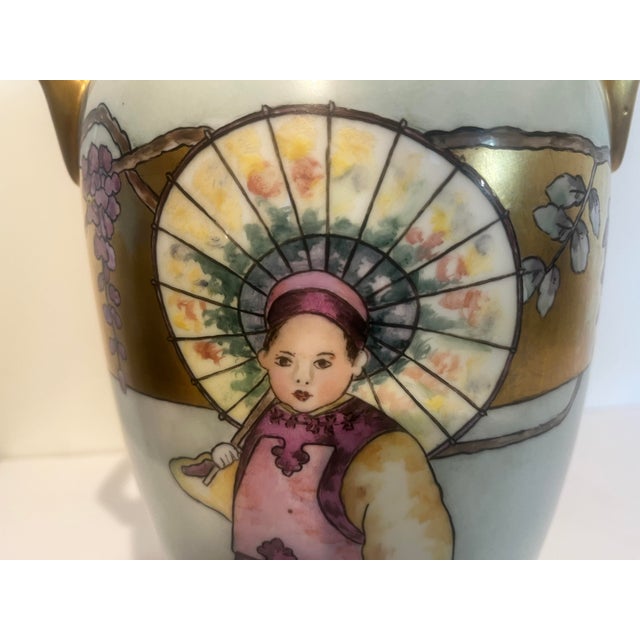 Chinese Antique Vintage Limoges Porcelain 2 Handled Vase Chinese Child With Her Umbrella Circa 1920 For Sale - Image 3 of 11