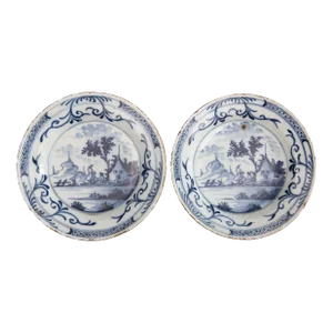 18th Century Petite Dutch Delft Faience Chinoiserie Plates - a Pair