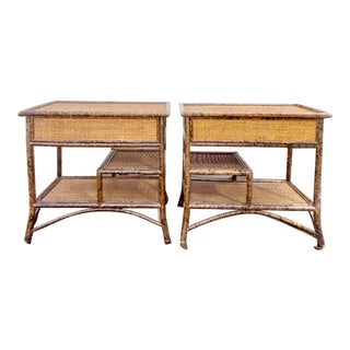 Vintage Burnt Bamboo & Woven Rattan End Tables Night Stands a Pair For Sale