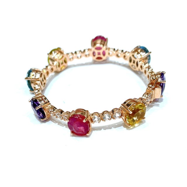 Bochic "Capri" Natural Ruby, Green Amethyst, Lemon Quartz Amethyst & Blue Topaz Bracelet Set 18K Gold & Silver open and...