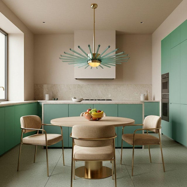 Large Mid Century Modern Sputnik chandelier, Italy 1980s. The chandelier is made of a polished brass frame and green plain...