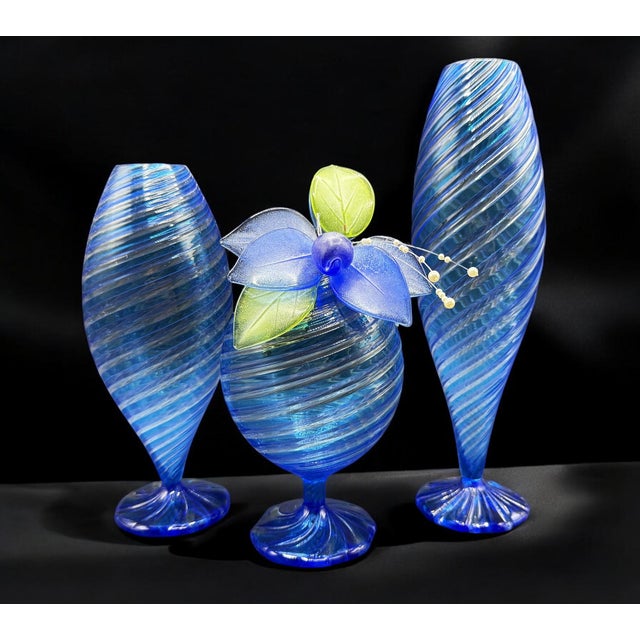 Blue Murano Glass Vases attributed to Novecento Venziano, 1970s, Set of 3 For Sale - Image 6 of 18
