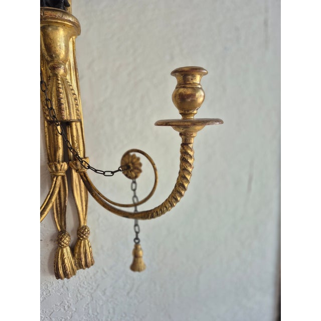 Antique Pair of Italian Candle Power Neoclassical Carved Wood Wall Sconces For Sale - Image 4 of 6