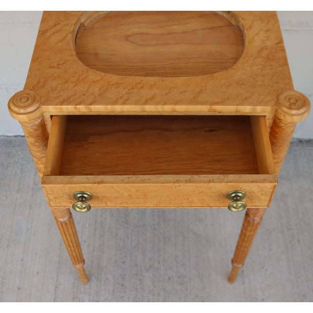 Traditional 1984 Handcrafted One Drawer Bird’s Eye Maple Display Stand With Blue and White Platter For Sale - Image 3 of 18