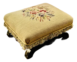 Antique Early 20th Century Botanical Theme Floral Design Needlepoint Tapestry Fringed Footstool, Carriage Step Stool With Wood Base