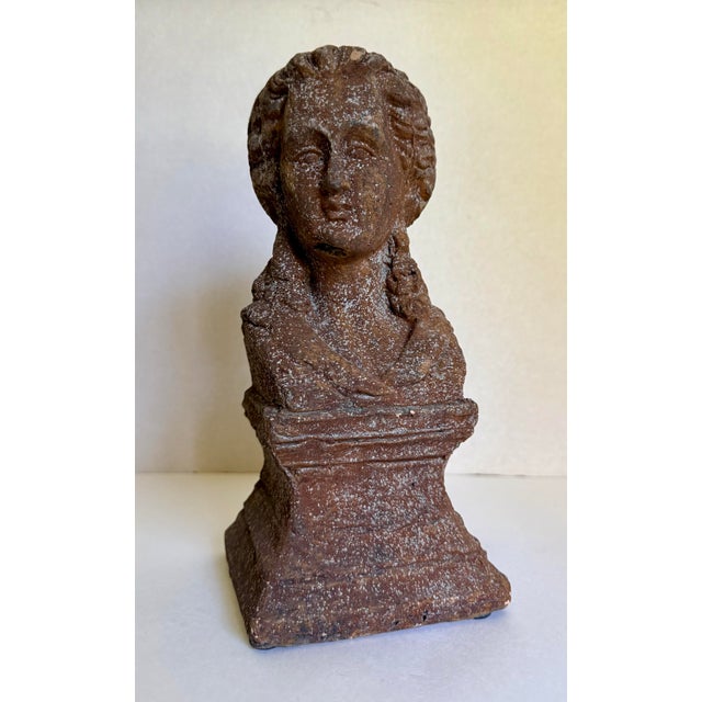 Rustic European Neoclassical Style Cast Stone Female Bust With Weathered Terracotta Finish For Sale - Image 3 of 11