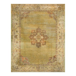 1900s Ligth Green Medallion Antique N. Indian Amritsar Carpet 9'2" X 11'8" Knotted Wool Rug For Sale