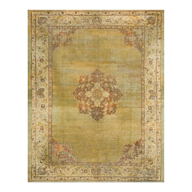 1900s Ligth Green Medallion Antique N. Indian Amritsar Carpet 9'2" X 11'8" Knotted Wool Rug For Sale