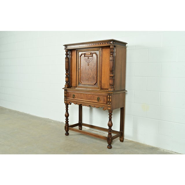 English Berkey & Gay Antique English Jacobean Carved Walnut and Burl Wood Bookcase or Bar Cabinet, Circa 1920s For Sale - Image 3 of 16