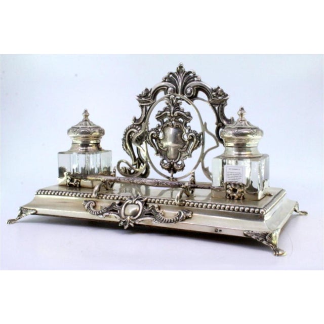 Cut Silver and Glass Inkwell with Letter and Pen Holder, Monogram Cards and Raised Feet For Sale - Image 4 of 7