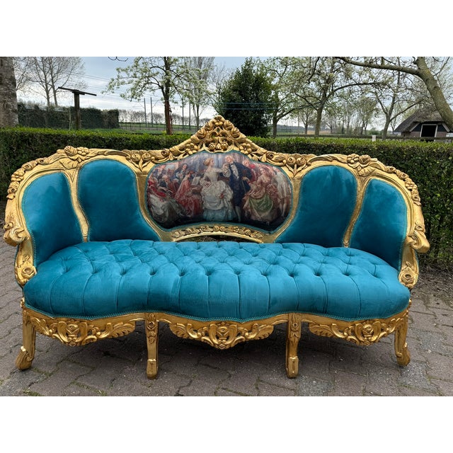 French 1900 French Artisan Louis XVI Blue Velvet Sofa Set-3 Pc For Sale - Image 3 of 15