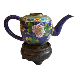 Vintage Blue Cloisonné Floral Teapot With Wooden Stand For Sale