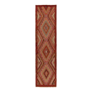 Vintage Tribal Kilim Runner in Red With Orange and Green Geometric Patterns For Sale