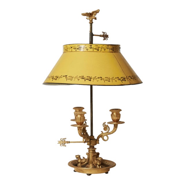 Early 19th Century Three Candle Holder Bouillotte Lamp With Strawflower Gold Shade and Bronze Eagle Design For Sale