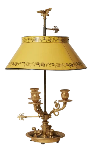 Early 19th Century Three Candle Holder Bouillotte Lamp With Strawflower Gold Shade and Bronze Eagle Design
